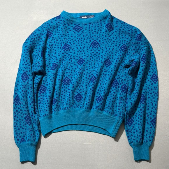 Vintage Wrangler‎ Turquoise Blue Geometric Print Knit Sweater Large - Picture 2 of 5